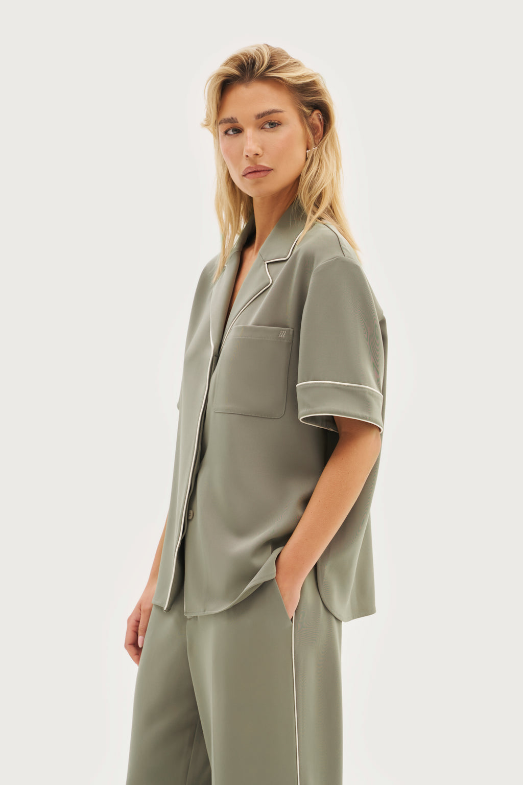 Piped Revere Oversized Shirt - Khaki Moss
