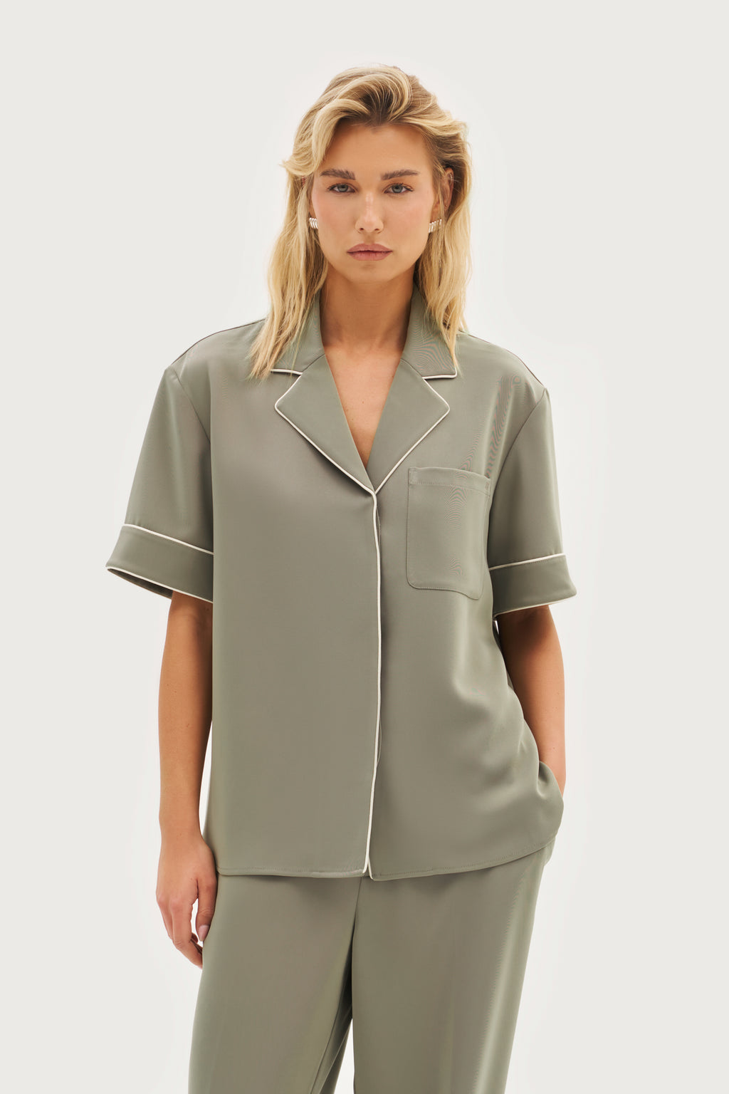 Piped Revere Oversized Shirt - Khaki Moss