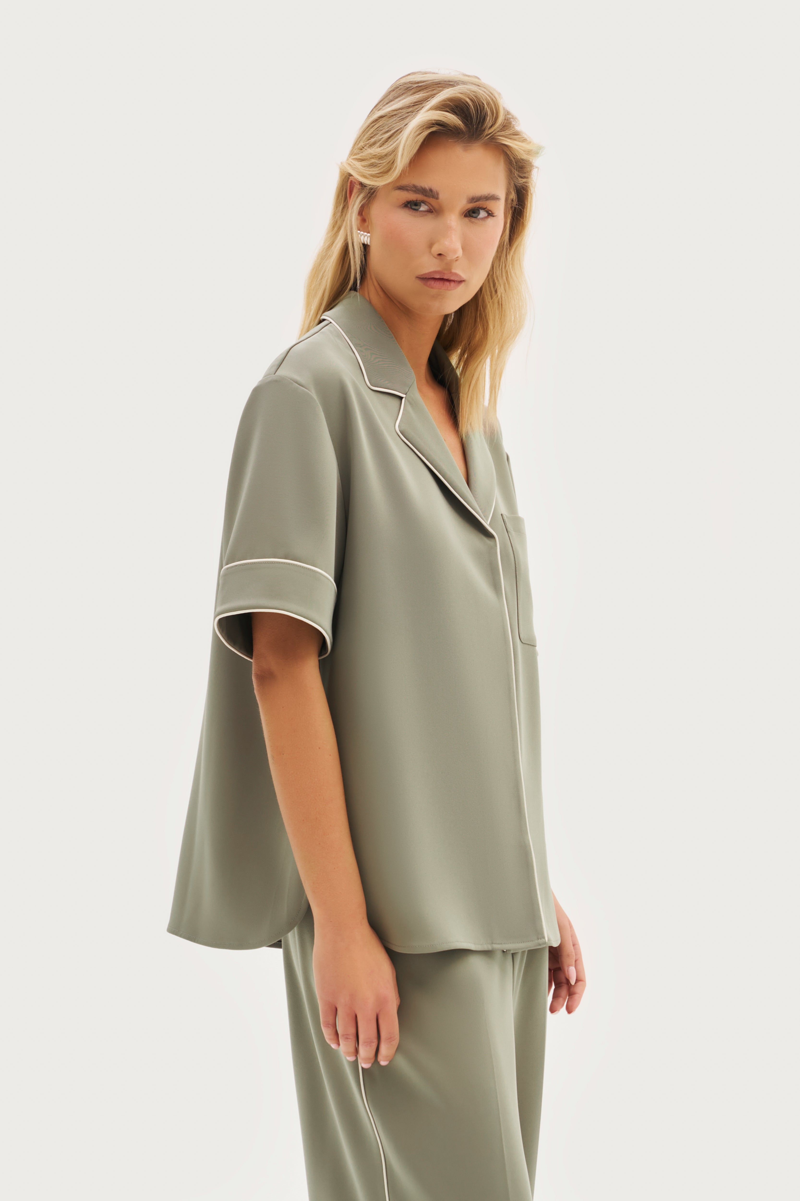 Piped Revere Oversized Shirt - Khaki Moss
