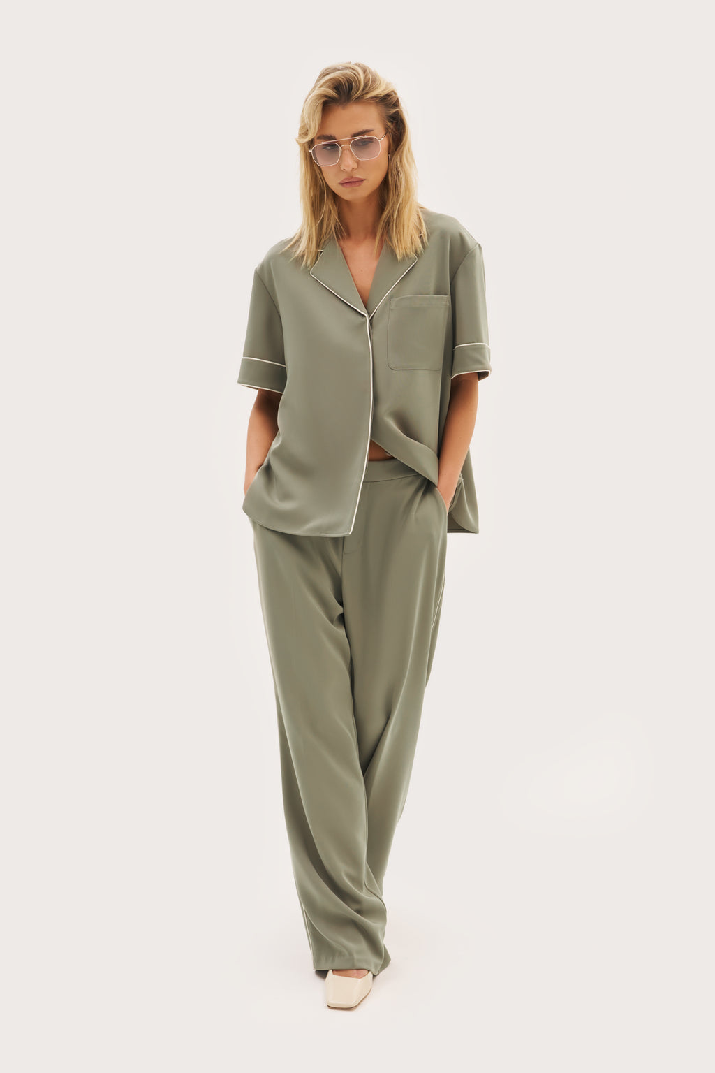 Piped Tailored Trousers - Khaki Moss