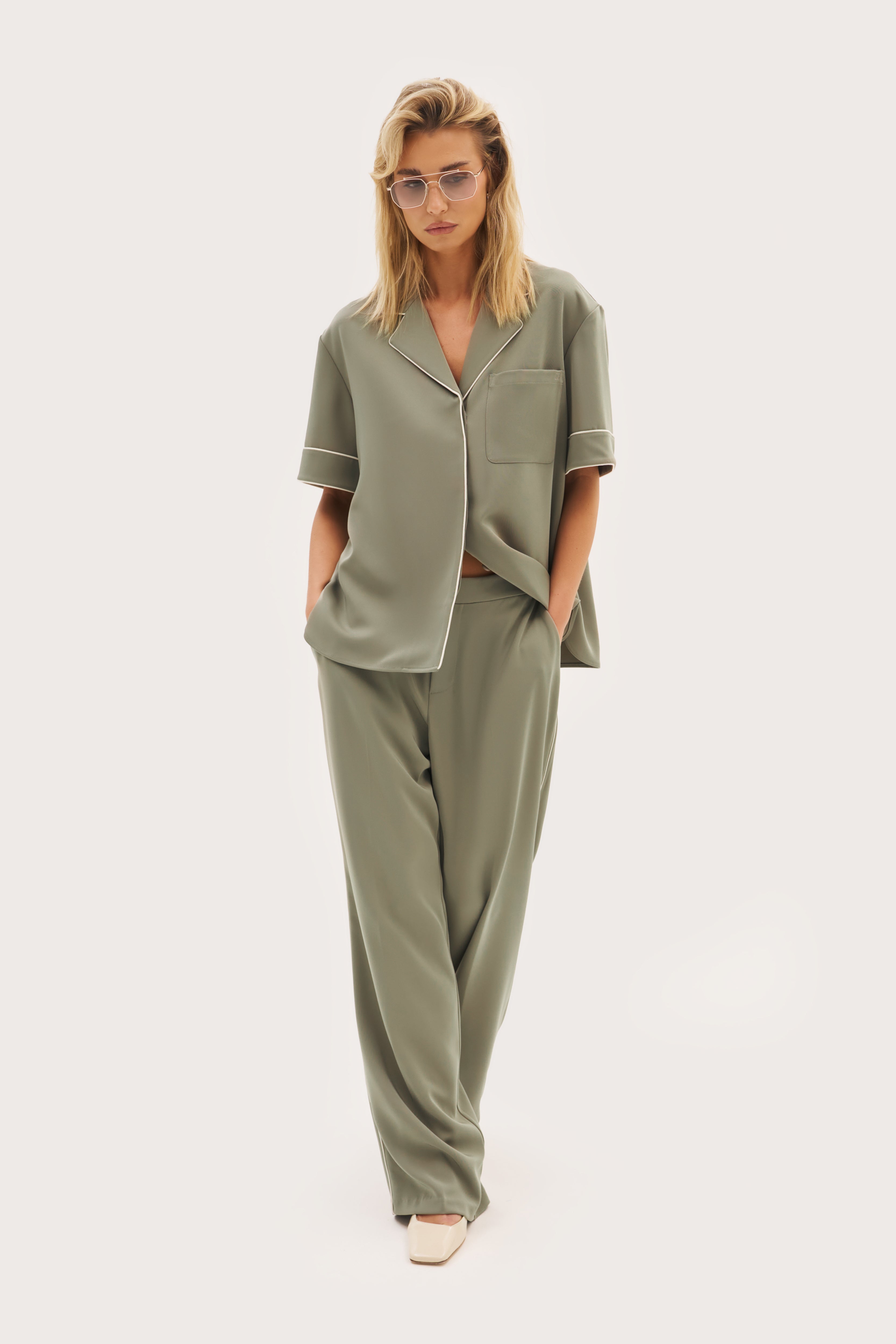 Piped Tailored Trousers - Khaki Moss