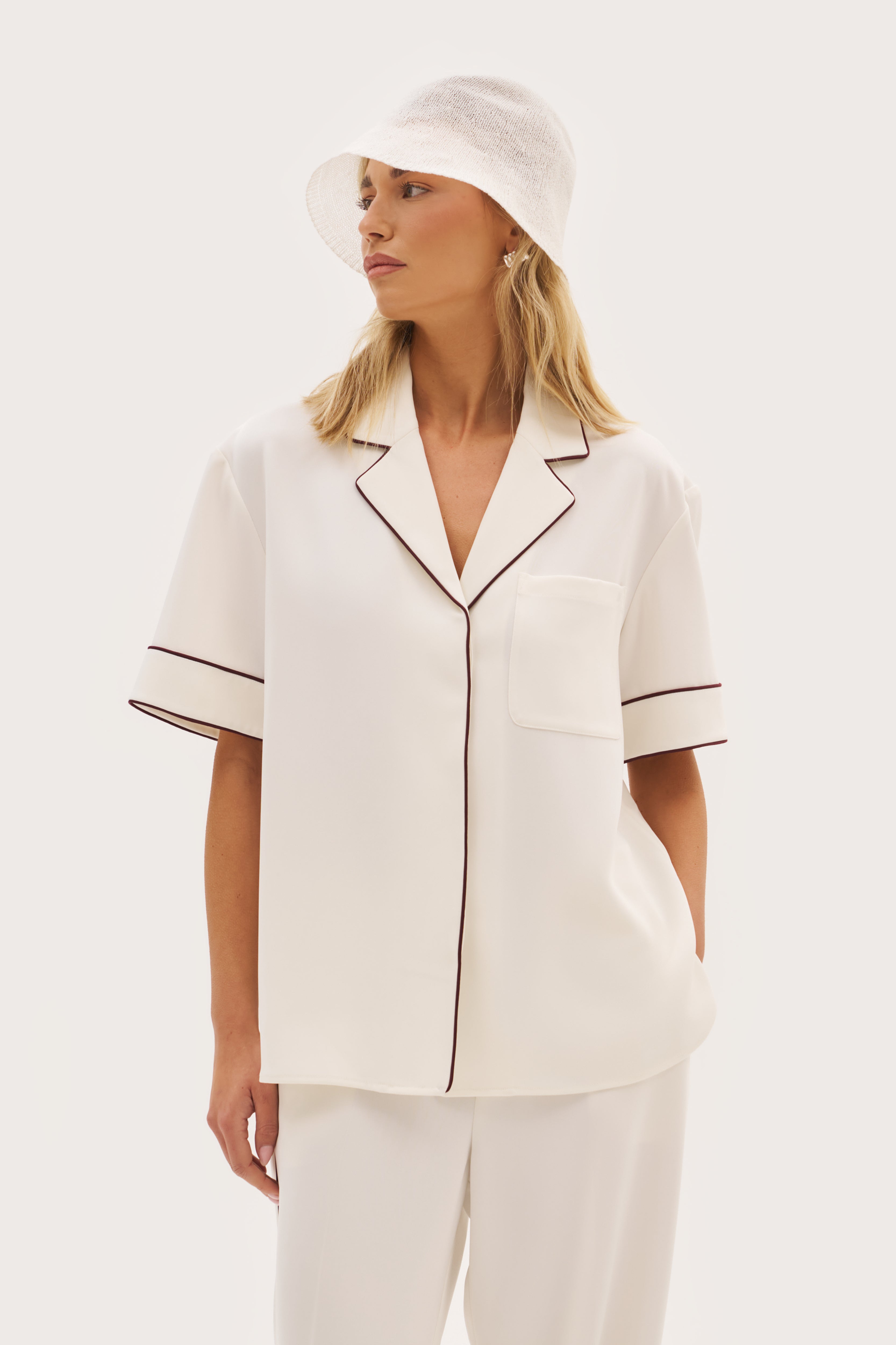 Piped Revere Oversized Shirt - Cream