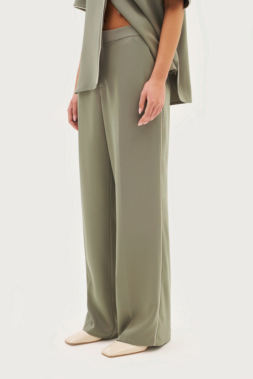 Piped Tailored Trousers - Khaki Moss