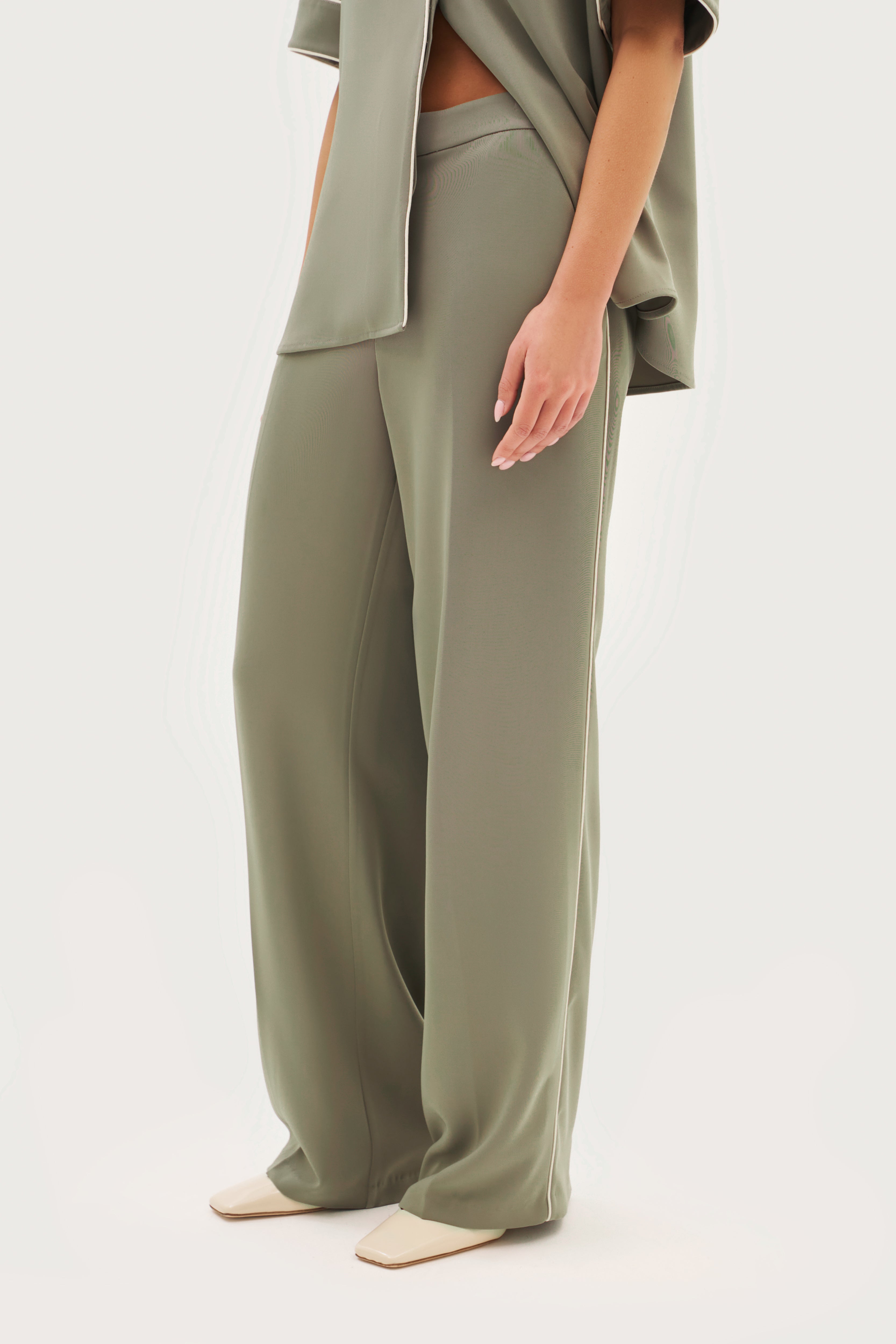 Piped Tailored Trousers - Khaki Moss