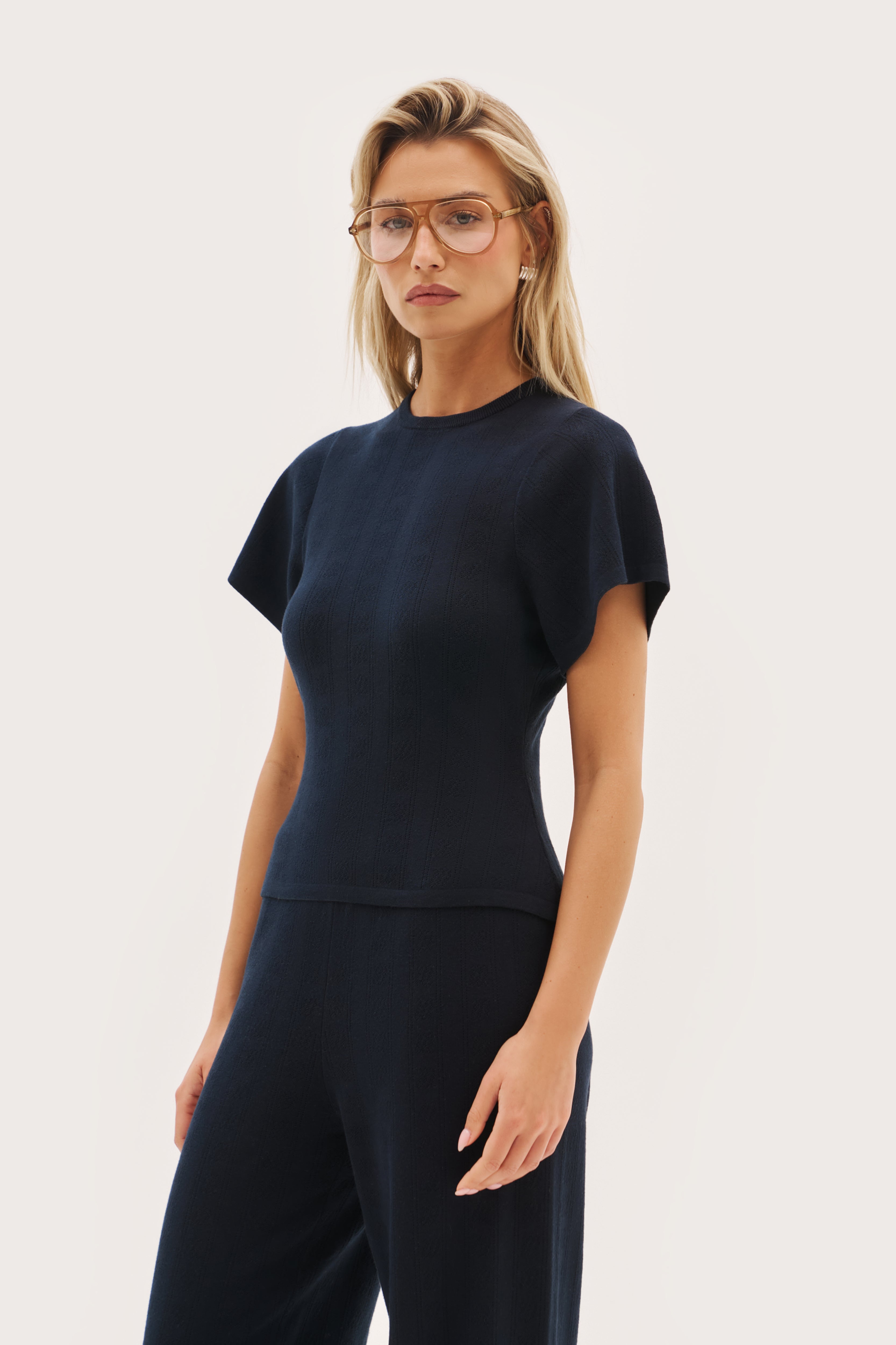 Maebe Pointelle Knit Tee - Navy