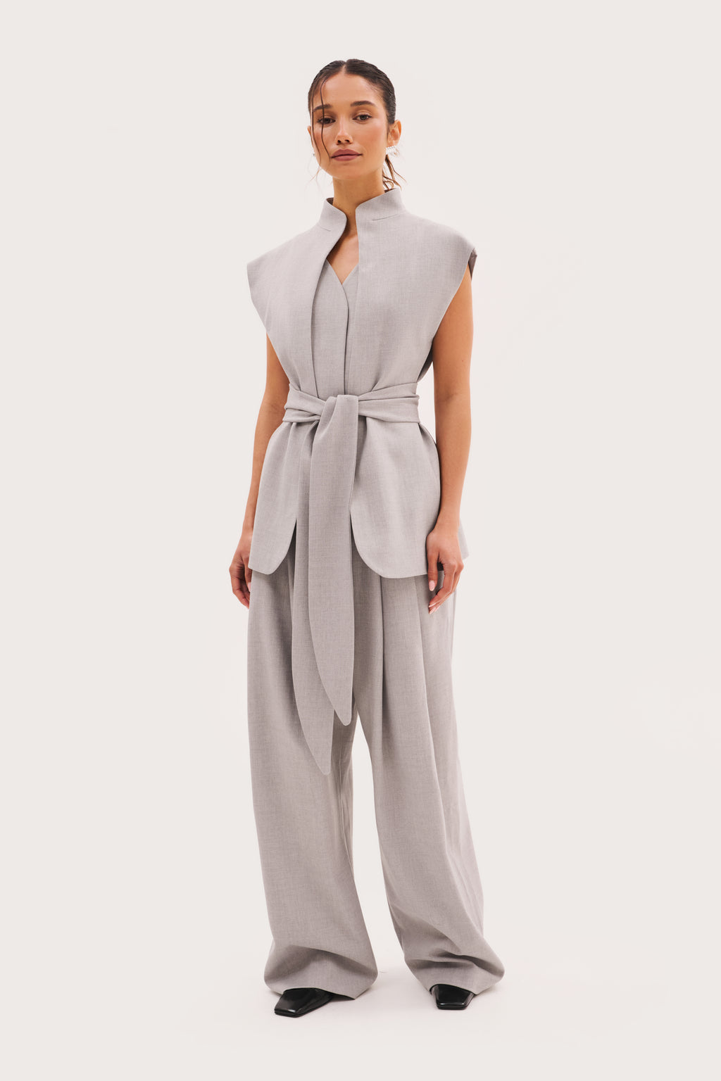 Derby Pleated Wide Leg Trousers - Light Grey