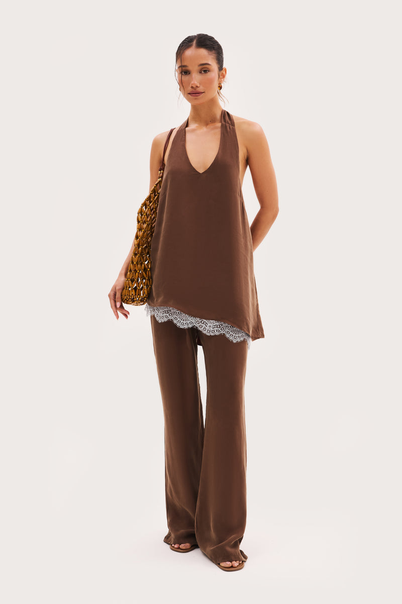Double Layer Lace Trim Top - Brown