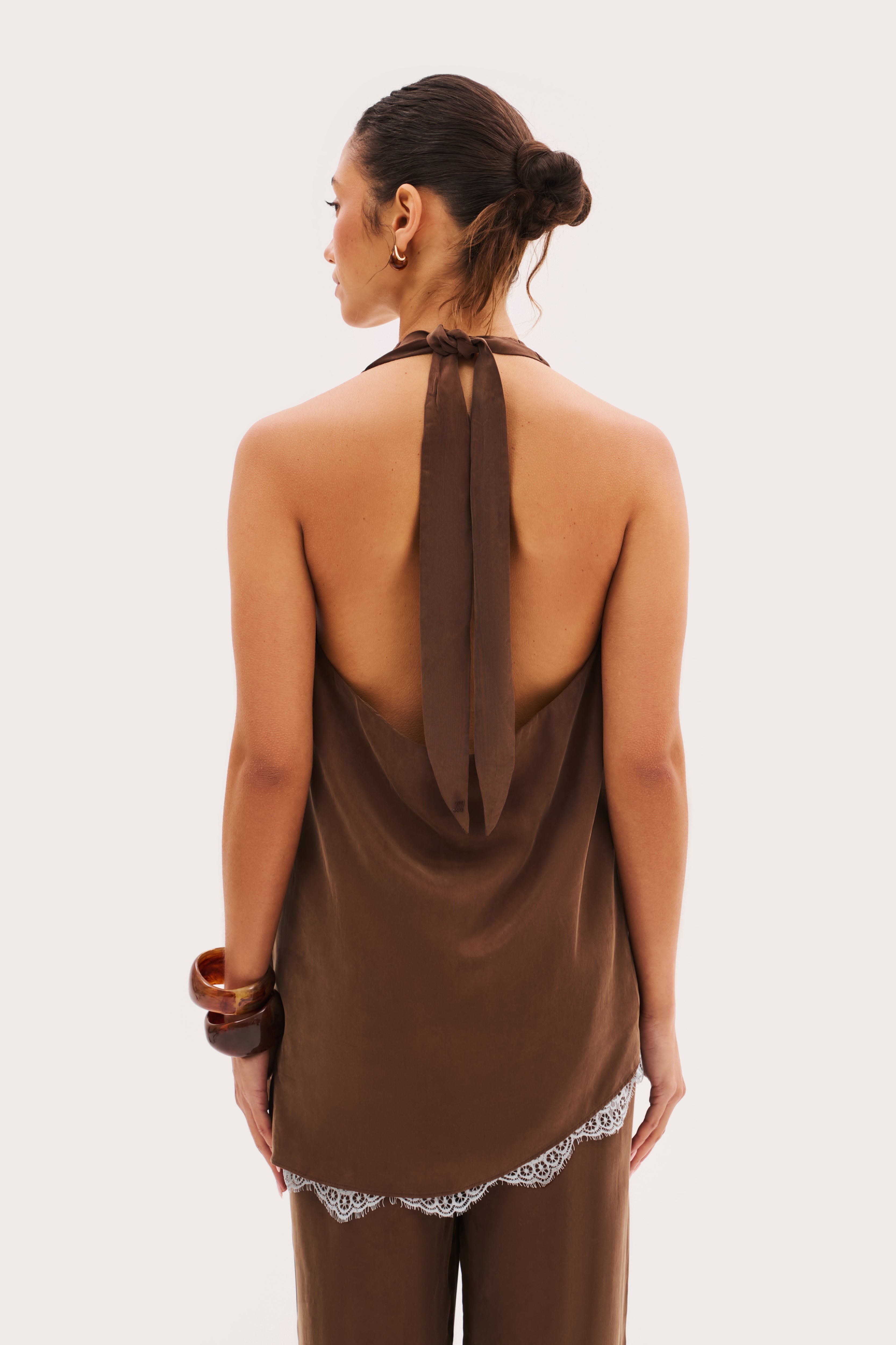 Double Layer Lace Trim Top - Brown