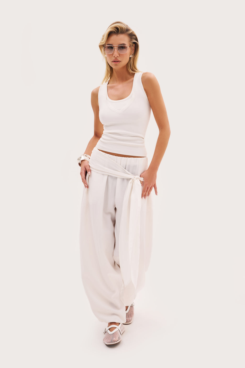 Scarf Tie Waist Balloon Pants - Off White