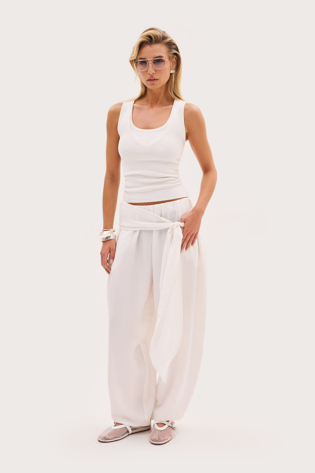 Scarf Tie Waist Balloon Pants - Off White