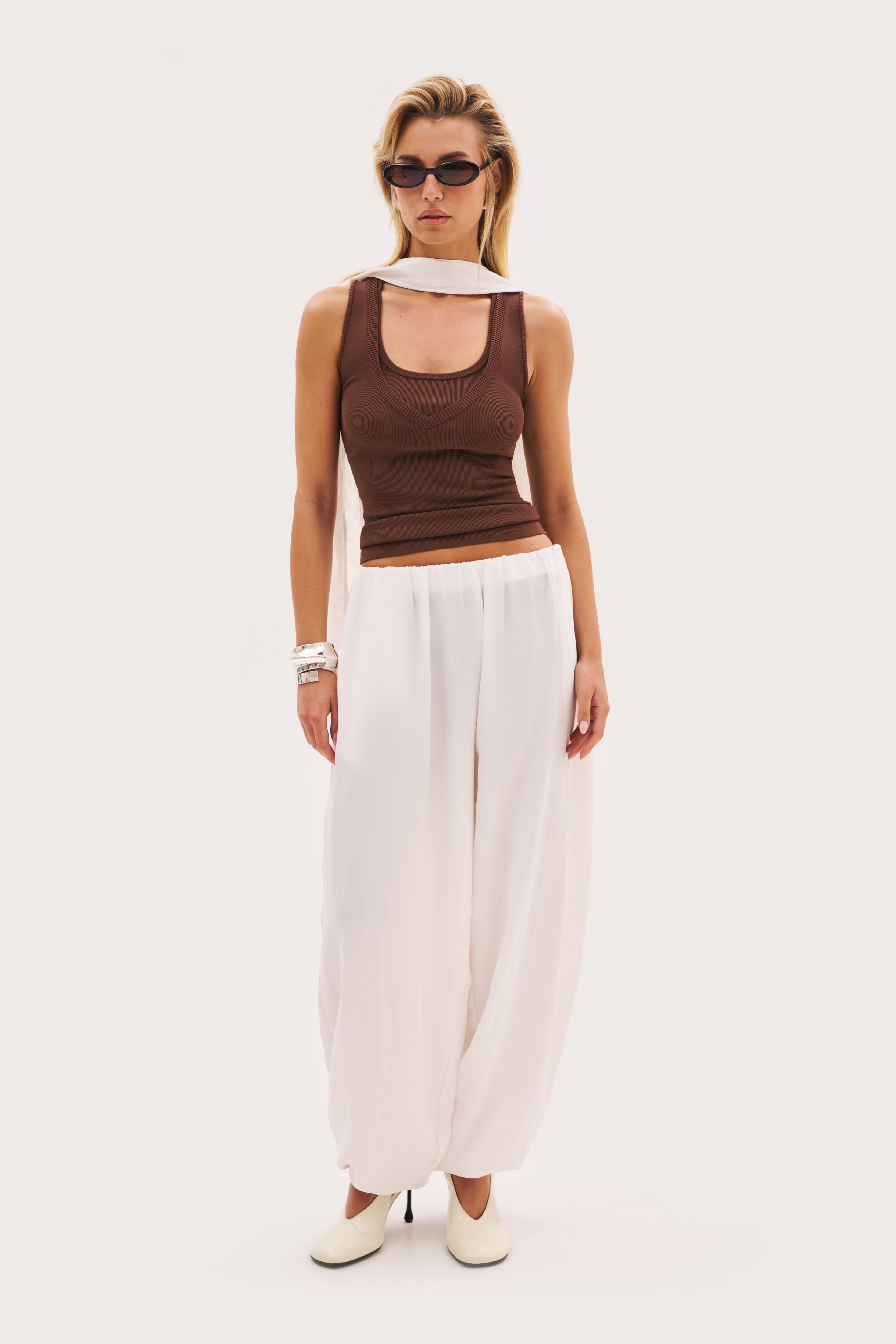Scarf Tie Waist Balloon Pants - Off White