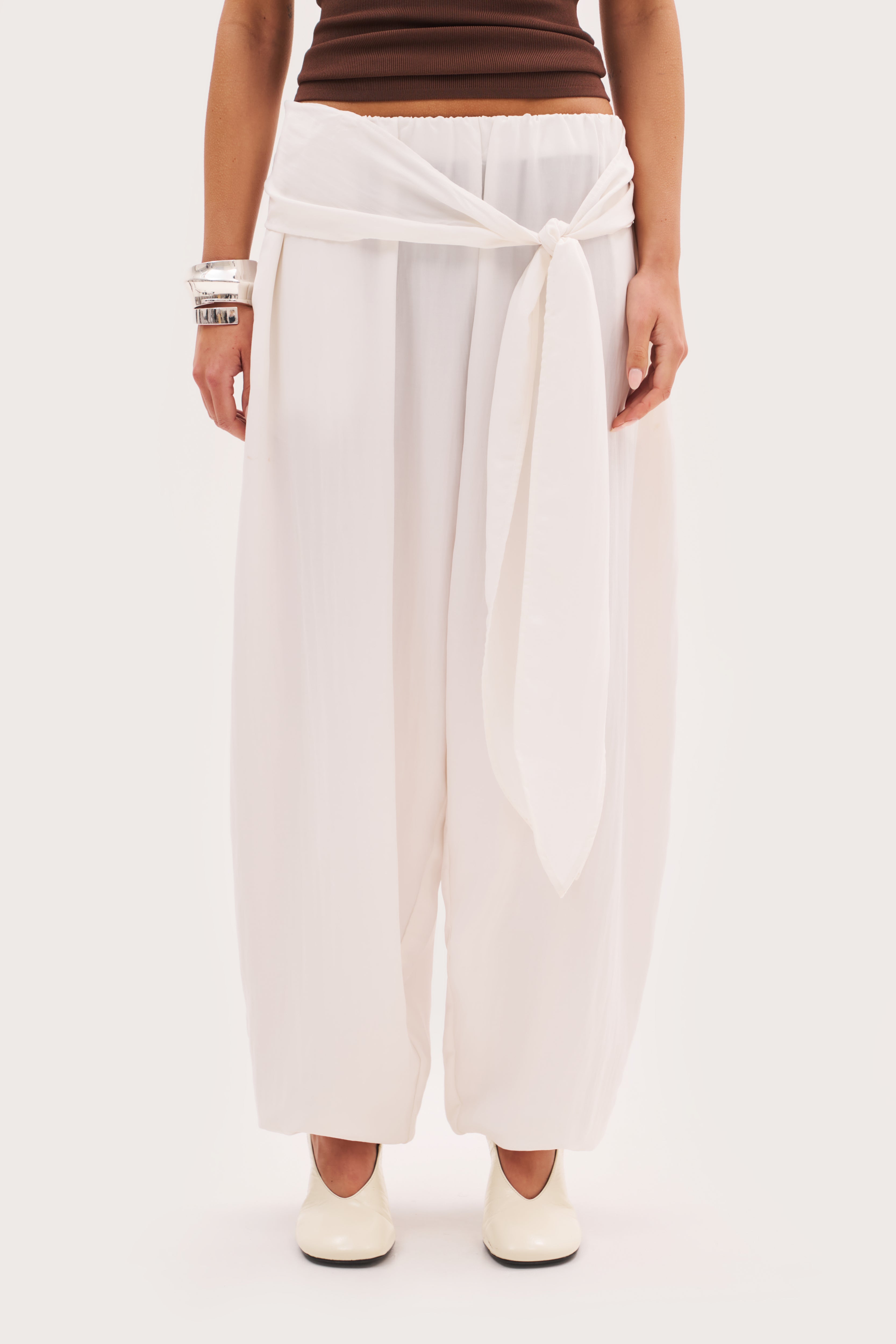 Scarf Tie Waist Balloon Pants - Off White