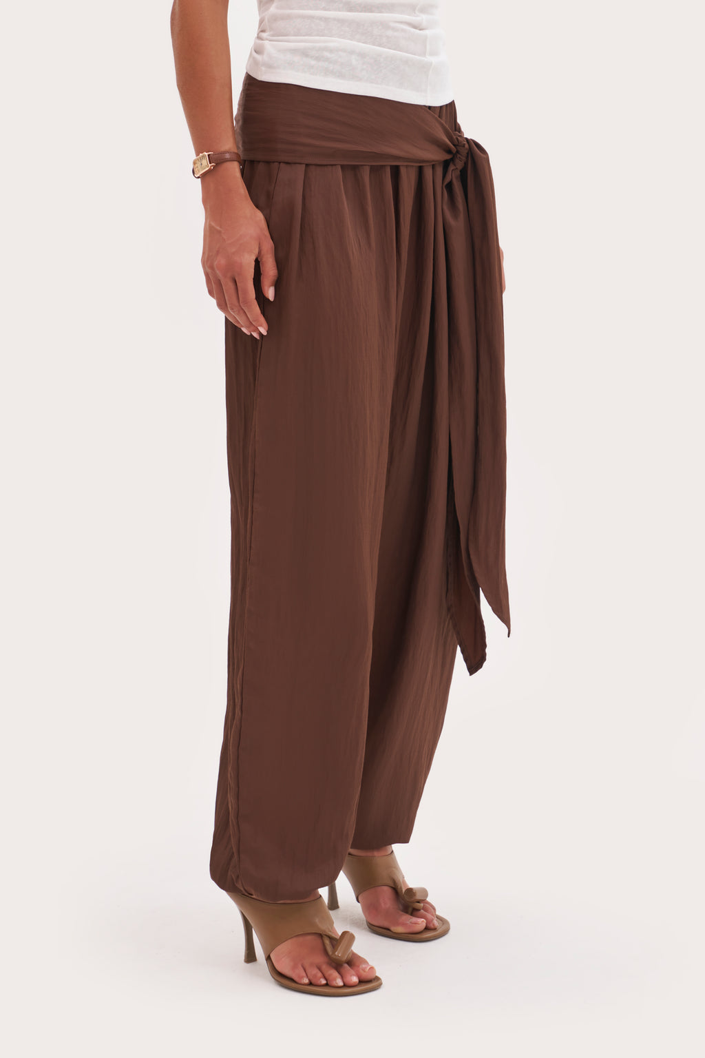 Scarf Tie Waist Balloon Pants - Brown