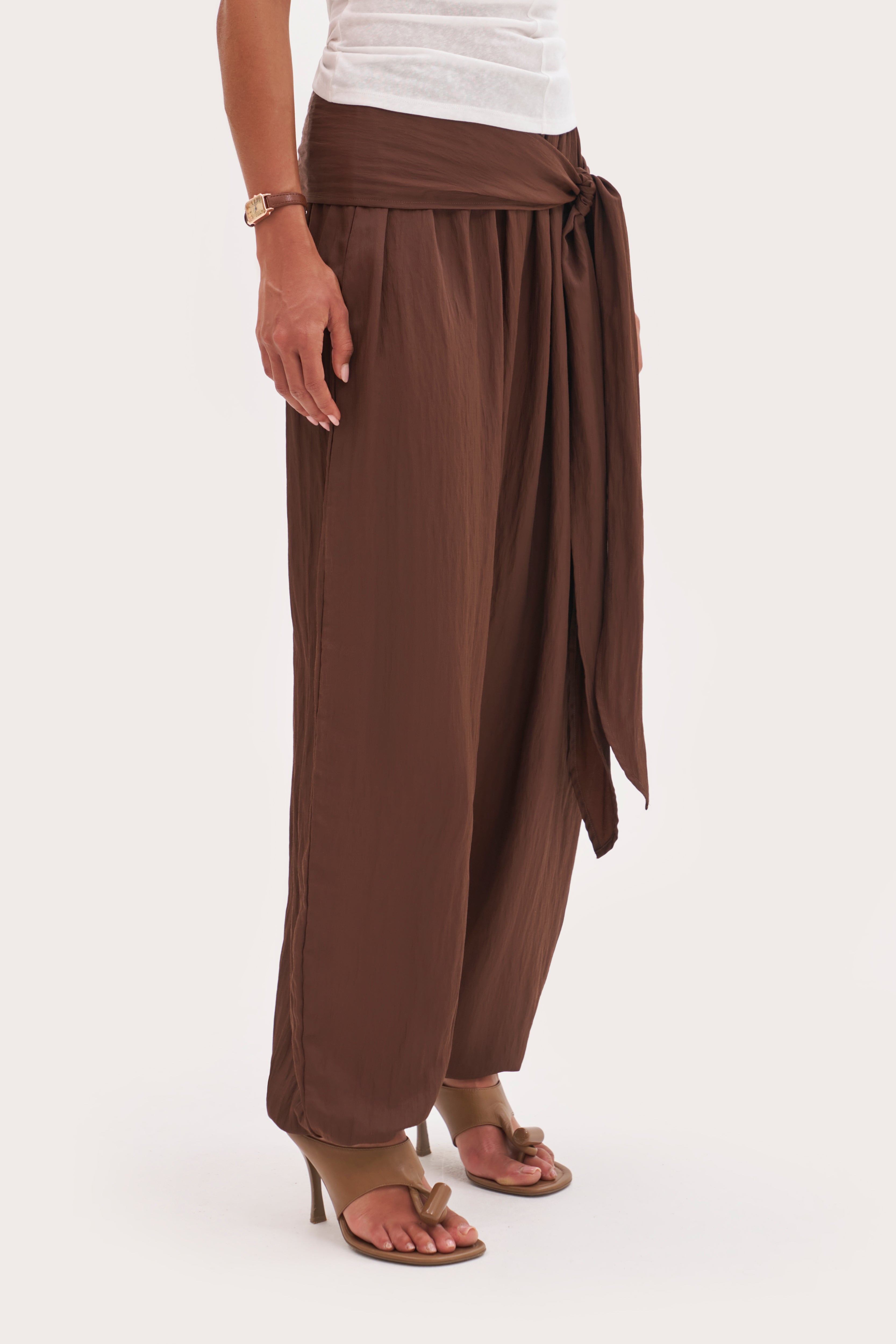 Scarf Tie Waist Balloon Pants - Brown