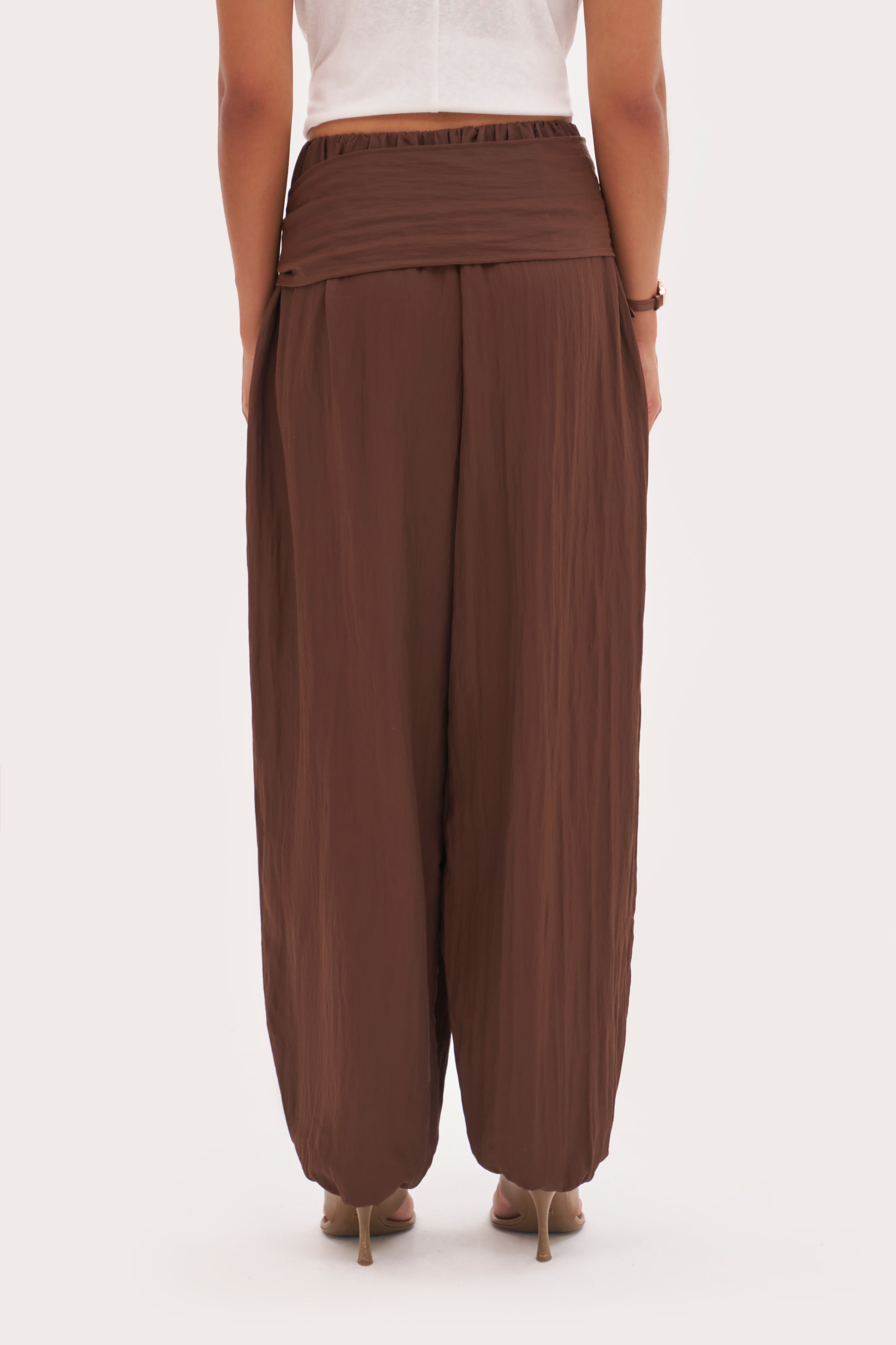 Scarf Tie Waist Balloon Pants - Brown