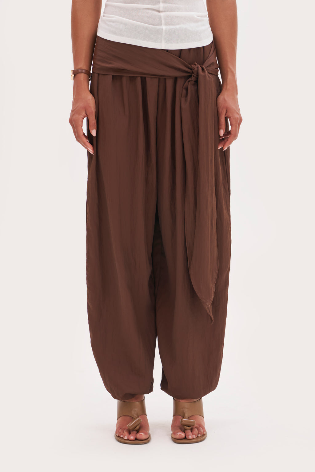 Scarf Tie Waist Balloon Pants - Brown