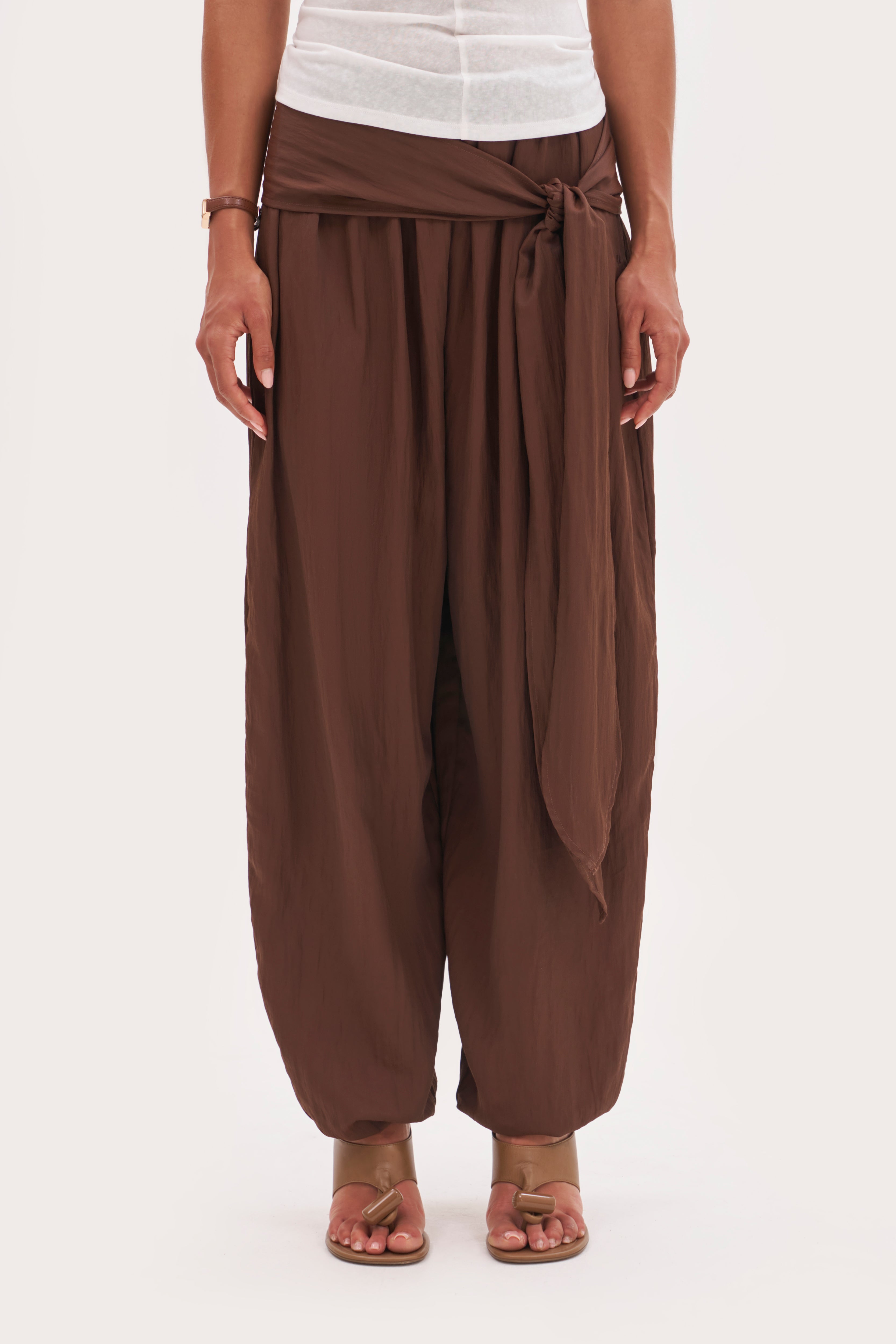 Scarf Tie Waist Balloon Pants - Brown