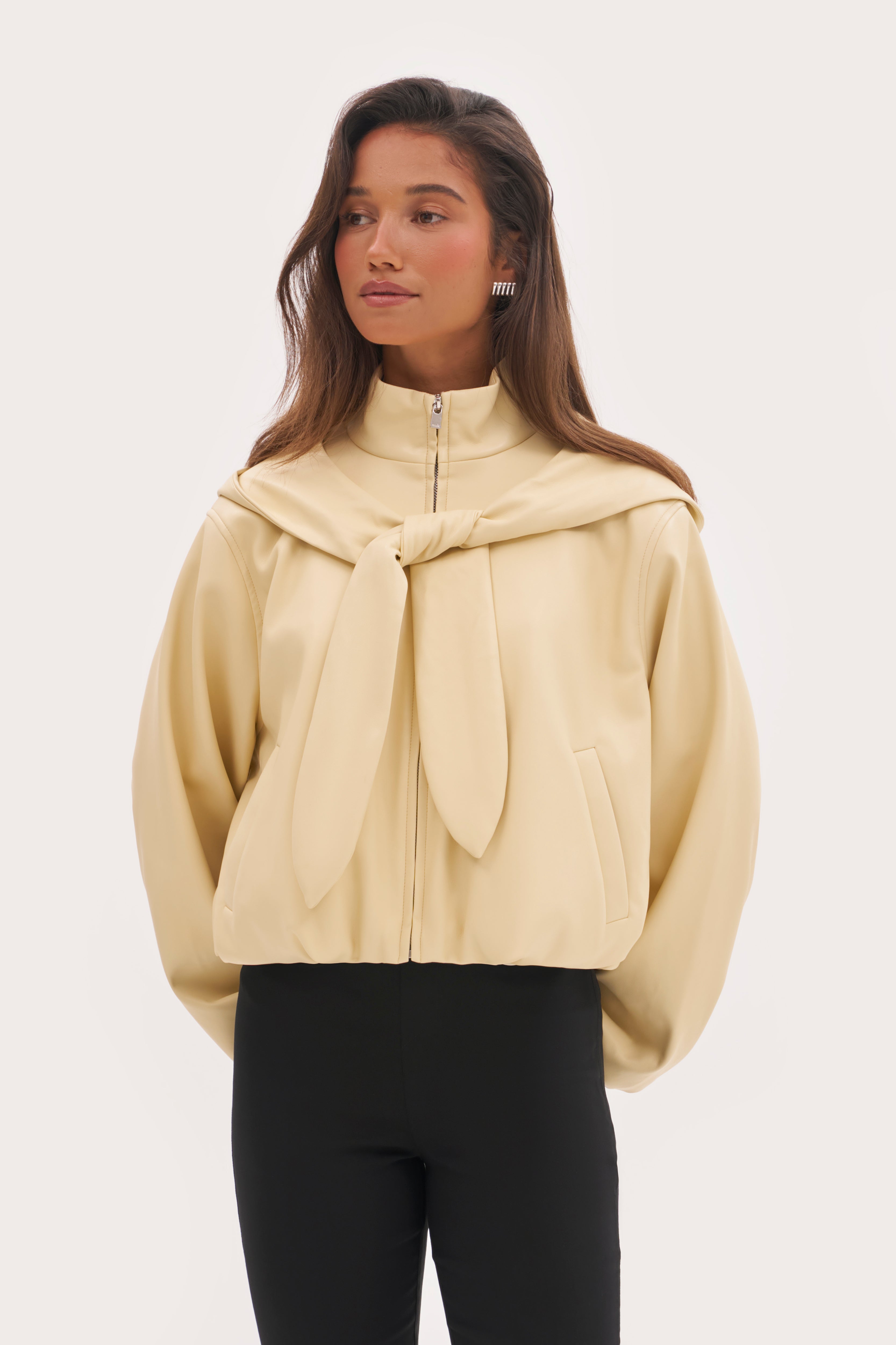 Faux Leather Hooded Jacket - Buttercream