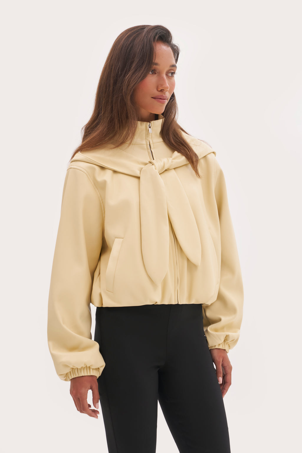 Faux Leather Hooded Jacket - Buttercream
