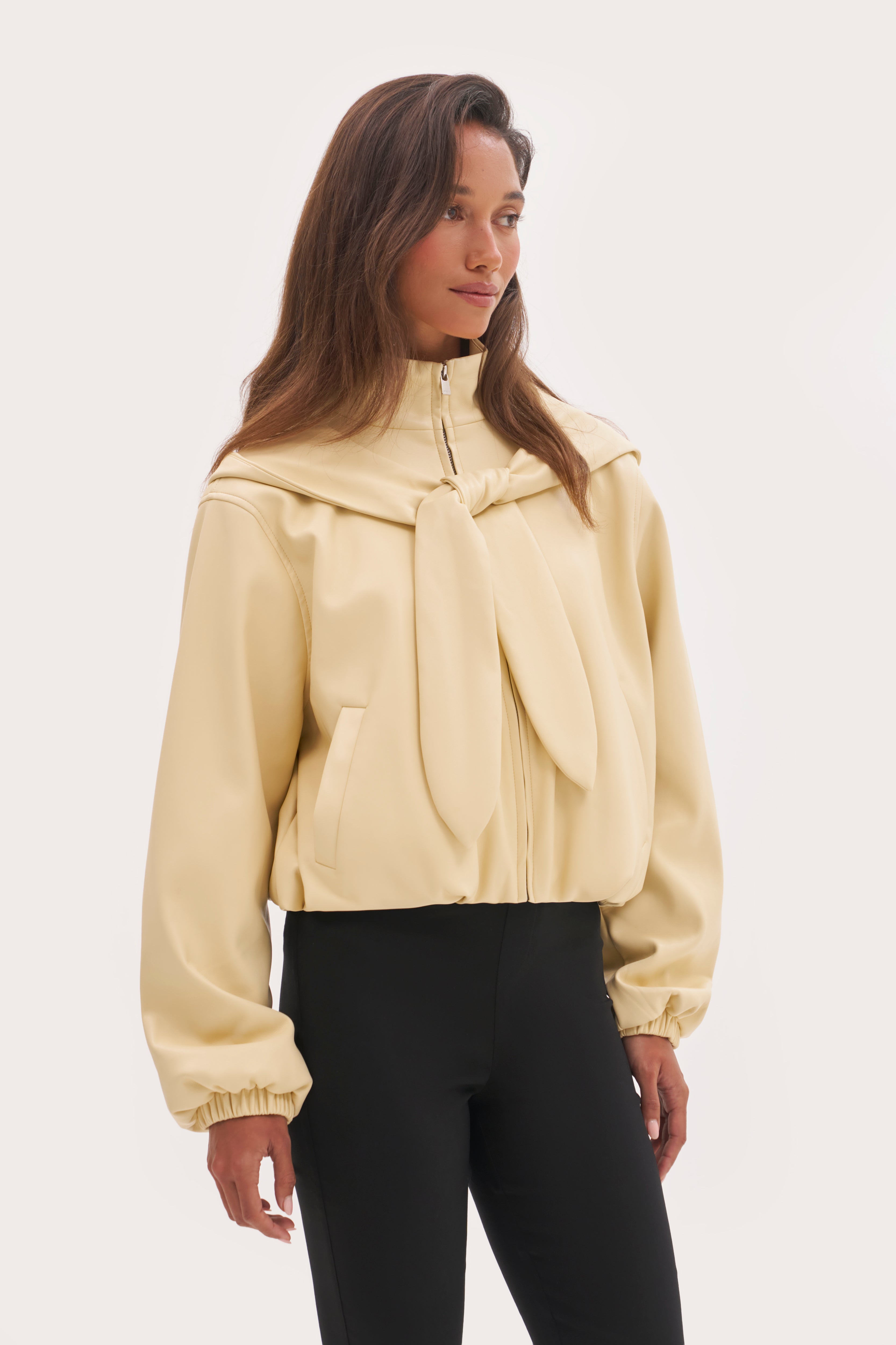 Faux Leather Hooded Jacket - Buttercream