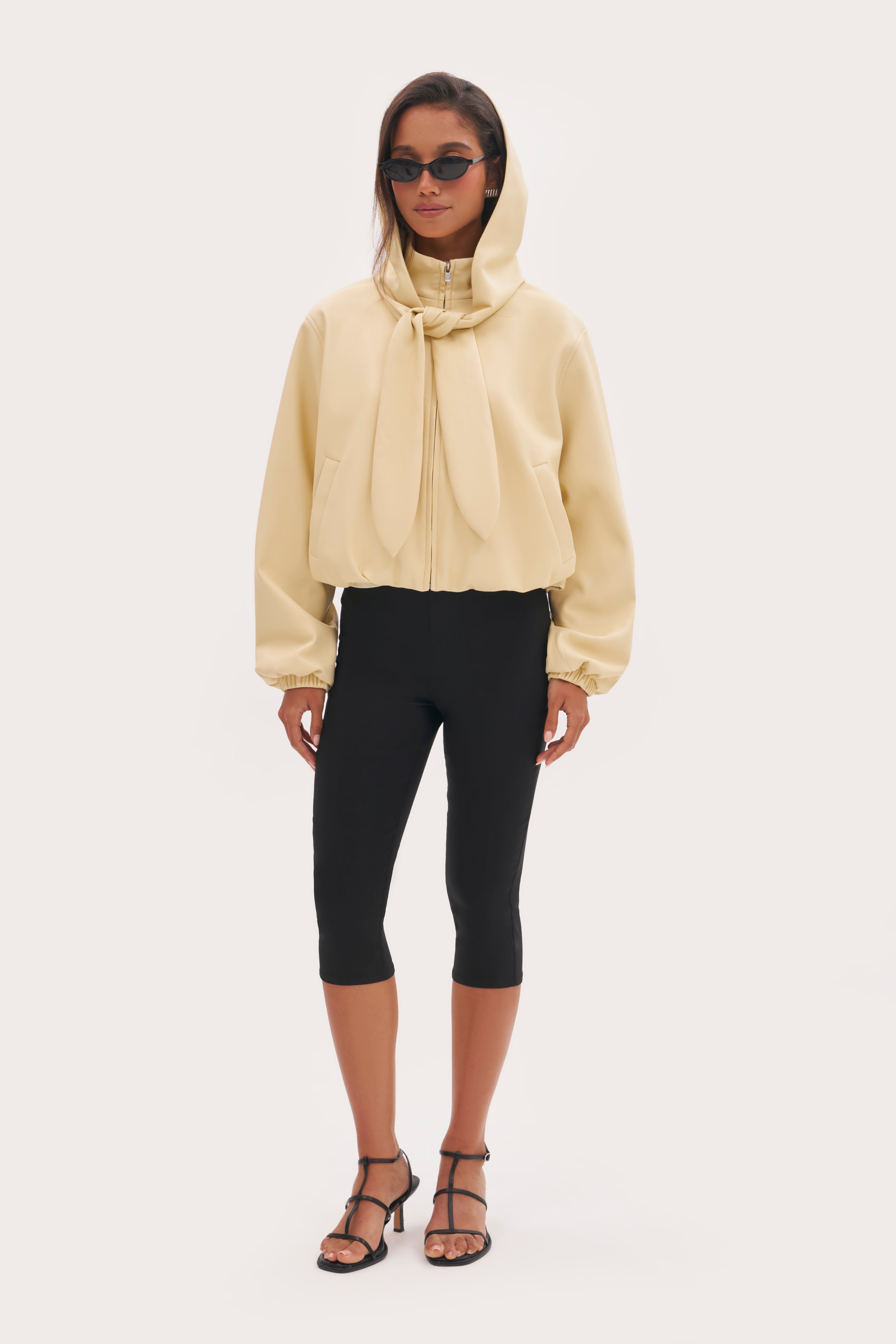 Faux Leather Hooded Jacket - Buttercream