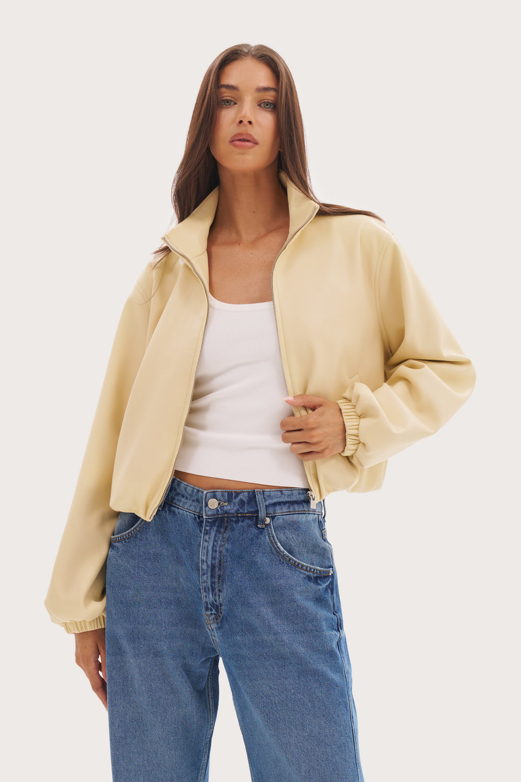 Faux Leather Hooded Jacket - Buttercream