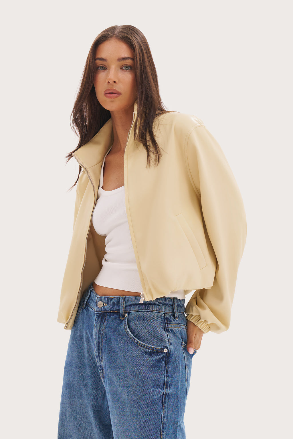 Faux Leather Hooded Jacket - Buttercream
