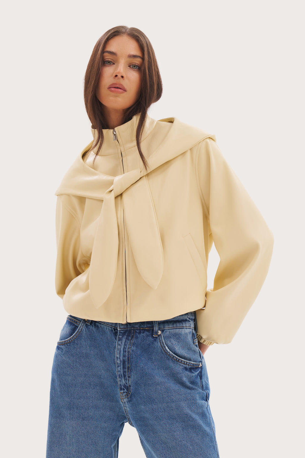 Faux Leather Hooded Jacket - Buttercream