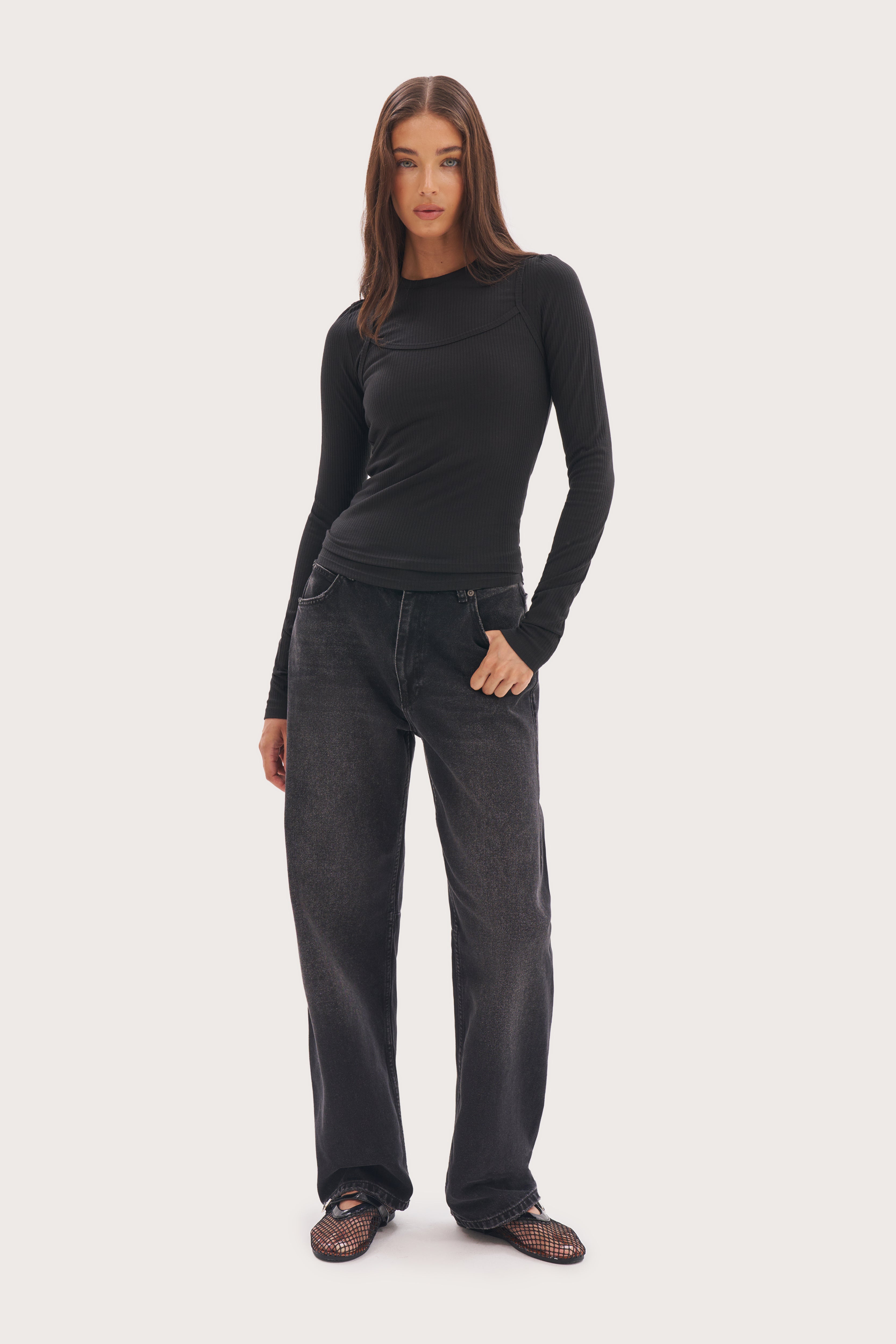 Double Up Ribbed Top - Black