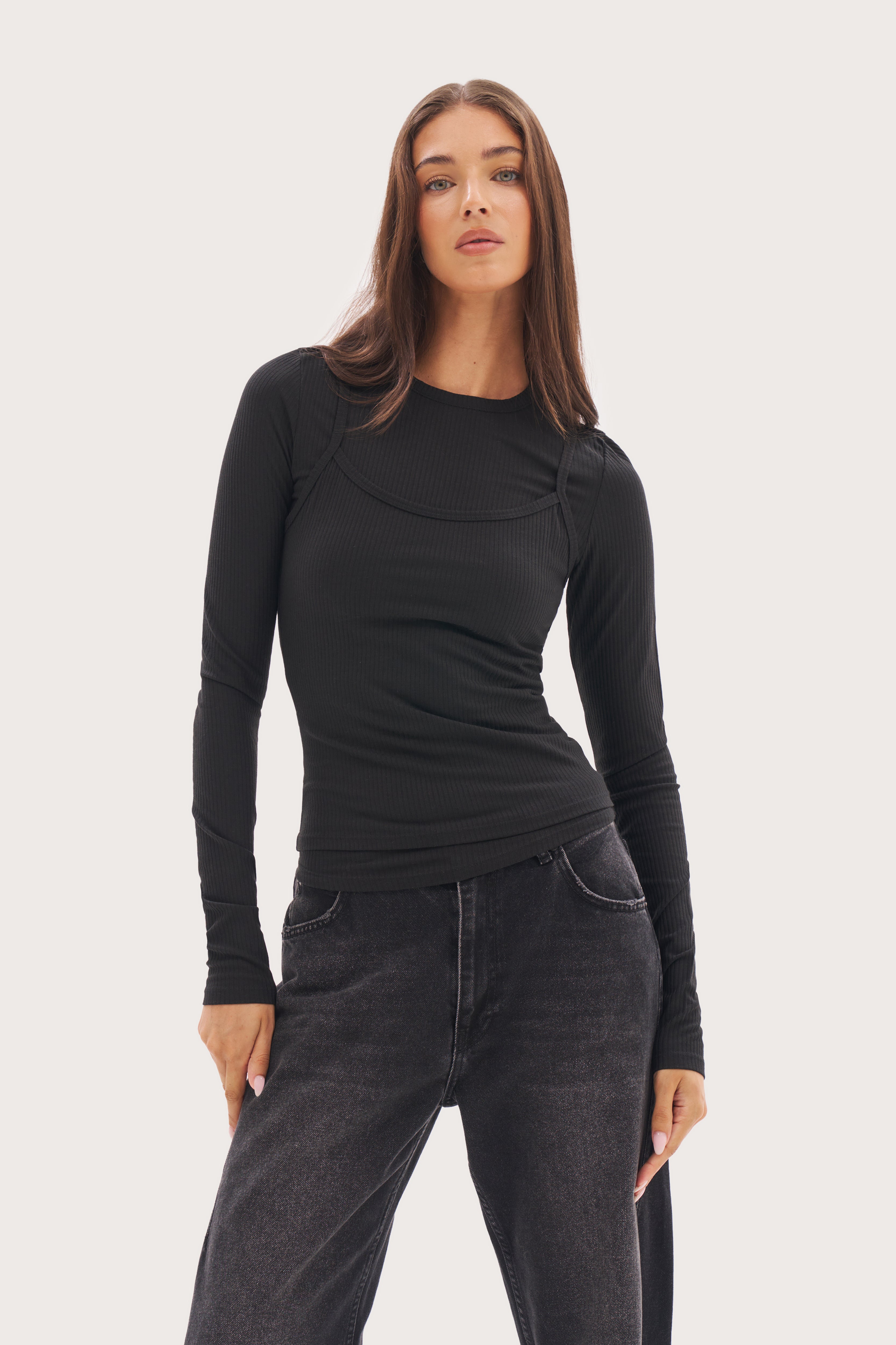 Double Up Ribbed Top - Black