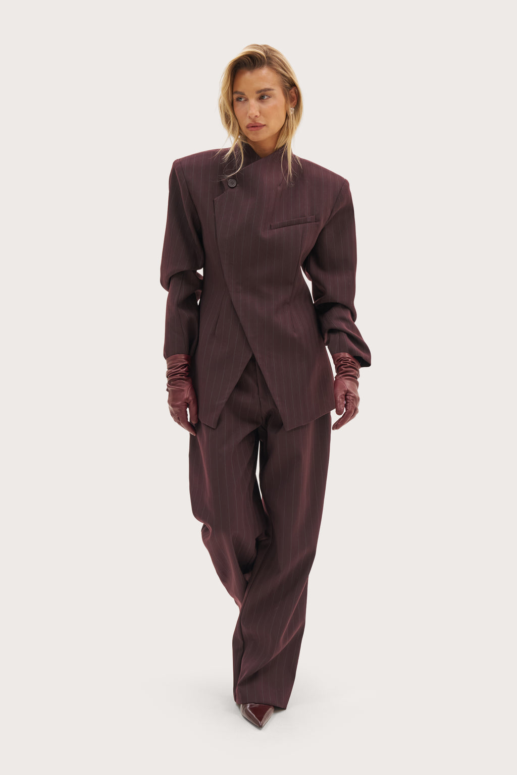 Polished Wool Mix Pinstripe Blazer - Burgundy