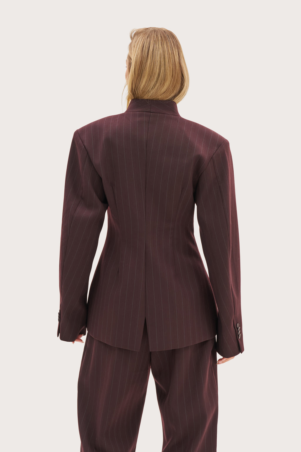 Polished Wool Mix Pinstripe Blazer - Burgundy