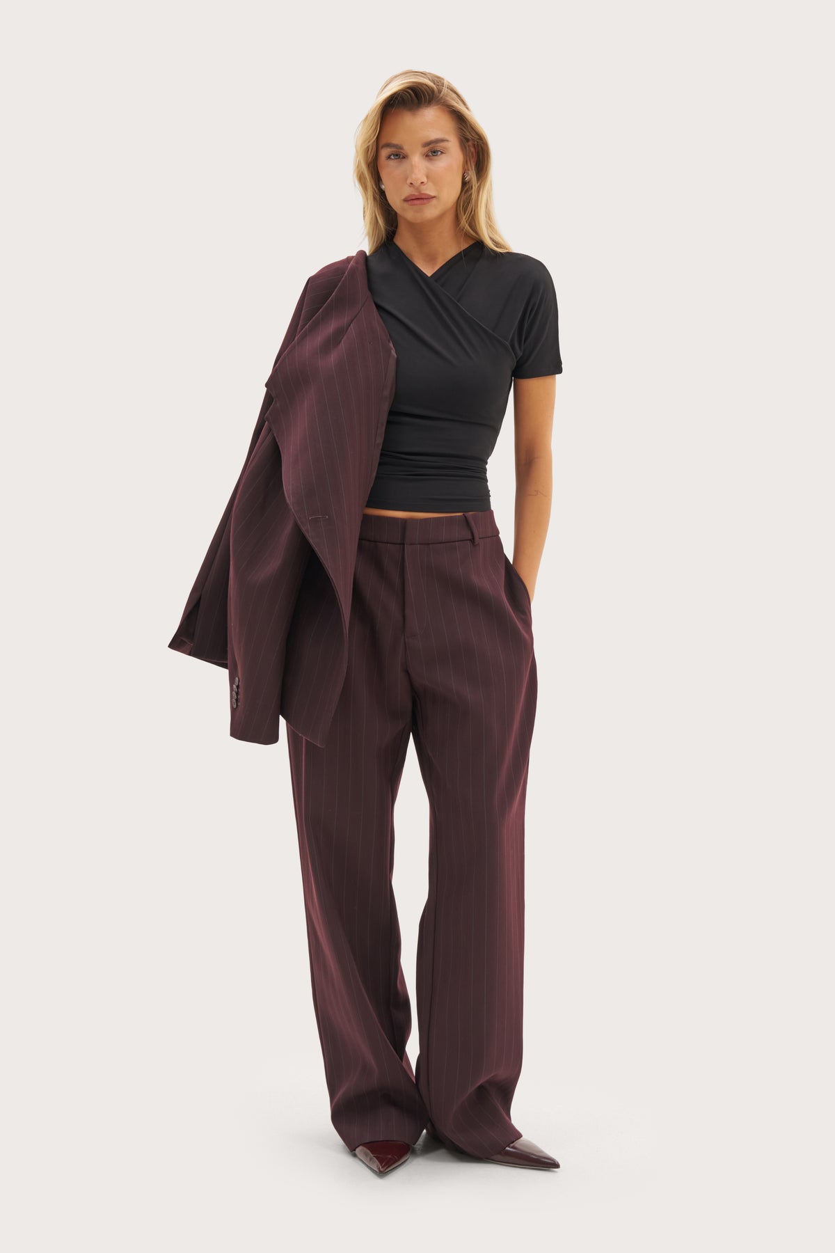 Polished Wool Mix Pinstripe Trousers - Burgundy