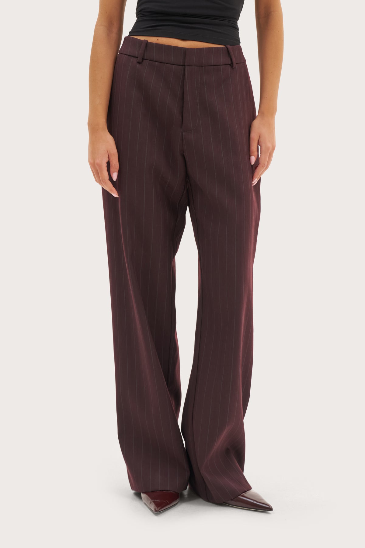 Polished Wool Mix Pinstripe Trousers - Burgundy
