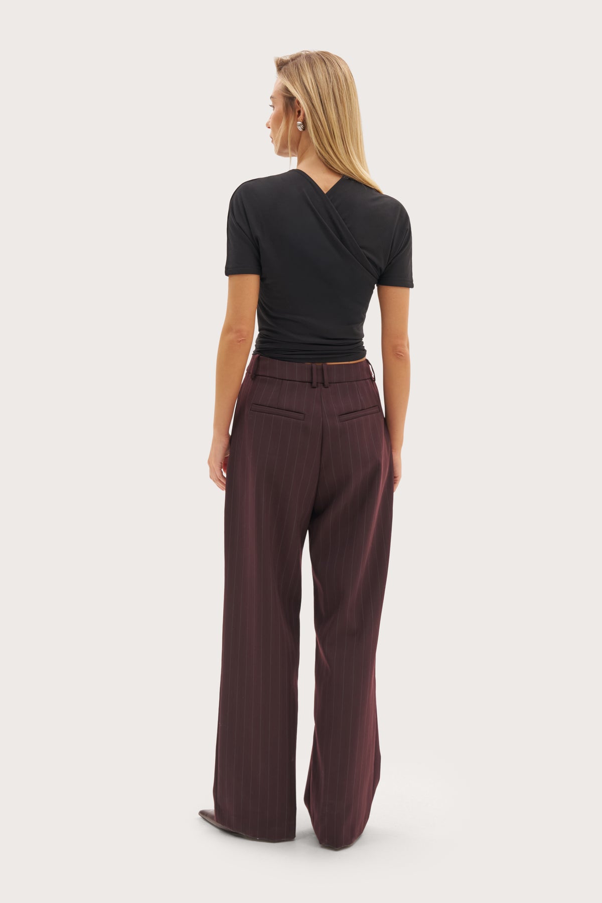 Polished Wool Mix Pinstripe Trousers - Burgundy