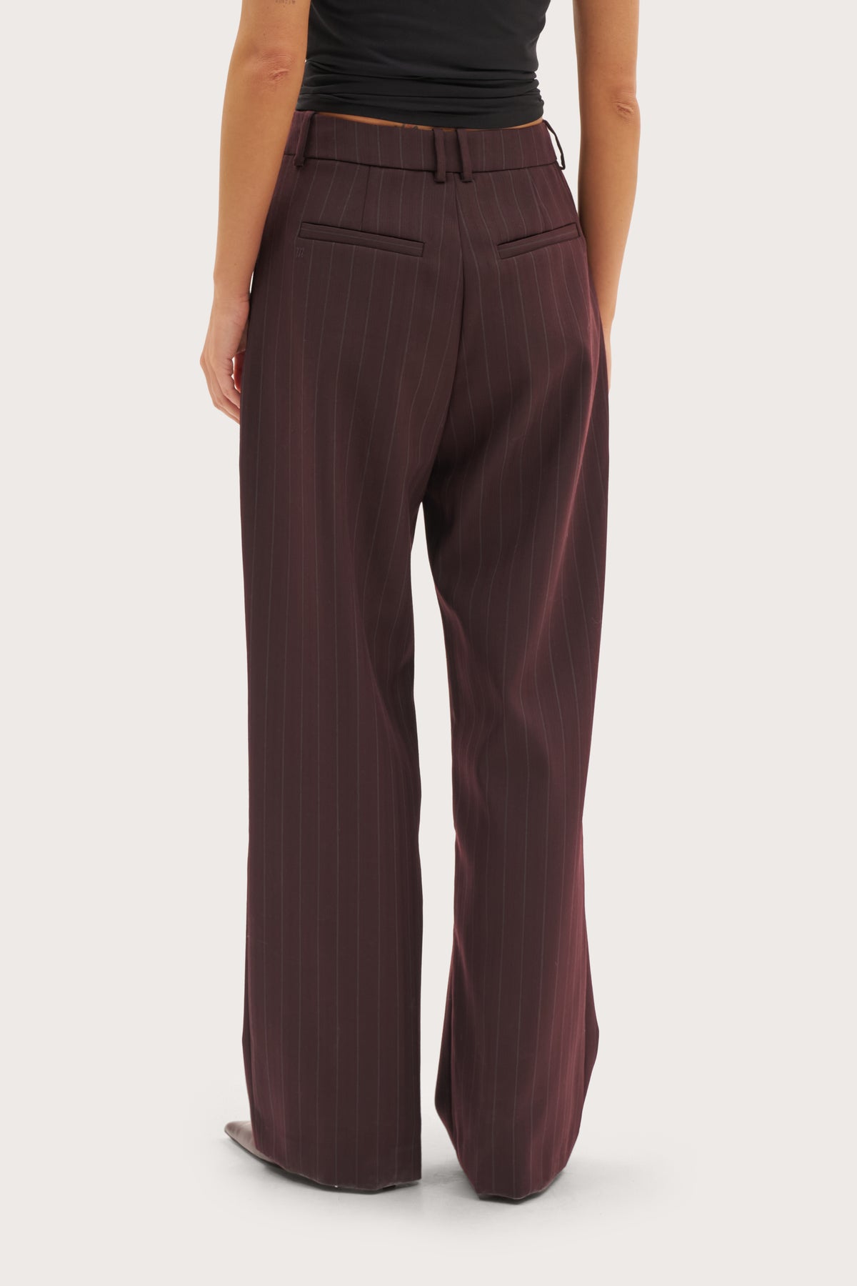 Polished Wool Mix Pinstripe Trousers - Burgundy