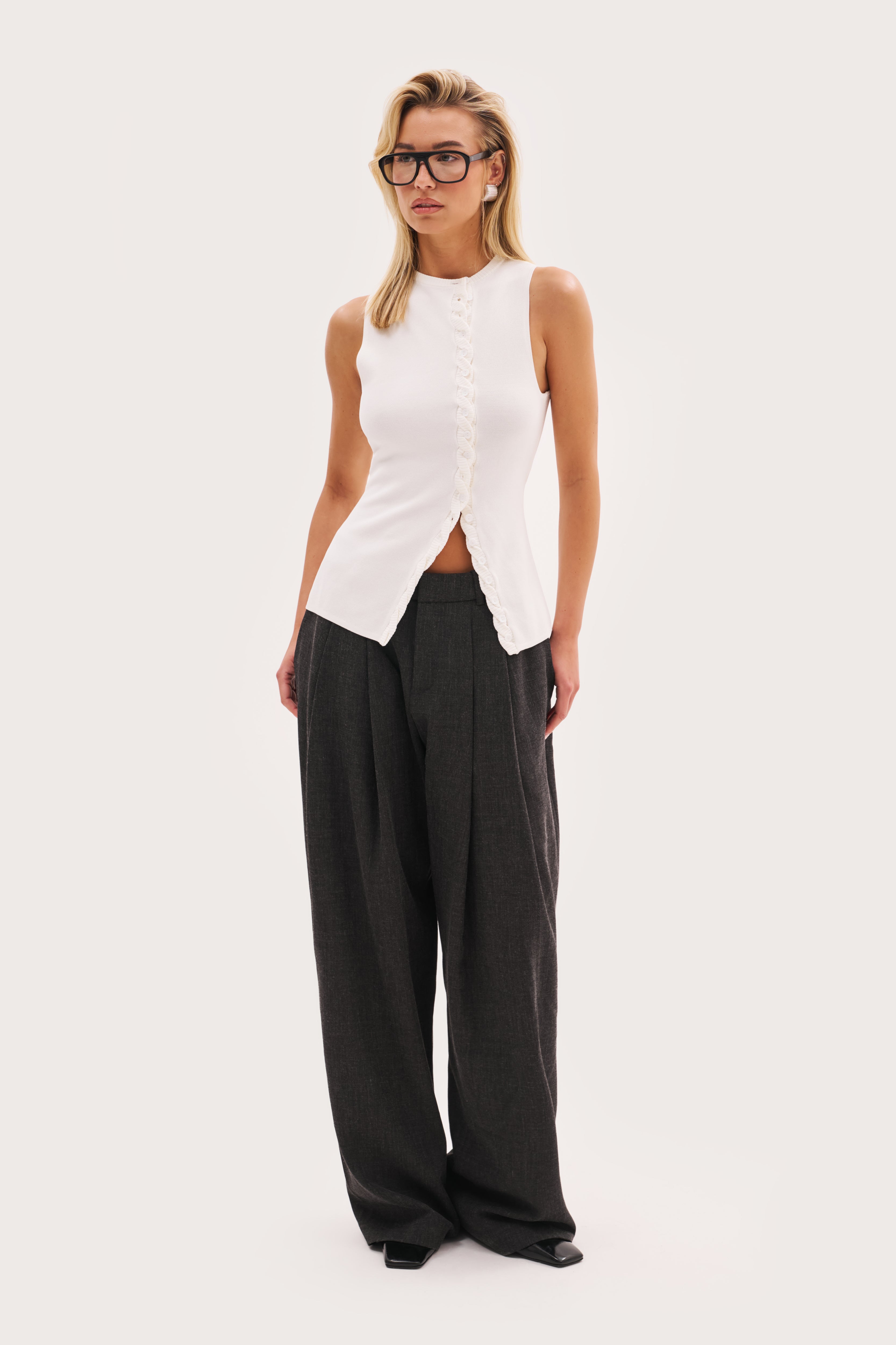 Derby Pleated Wide Leg Trousers - Dark Grey