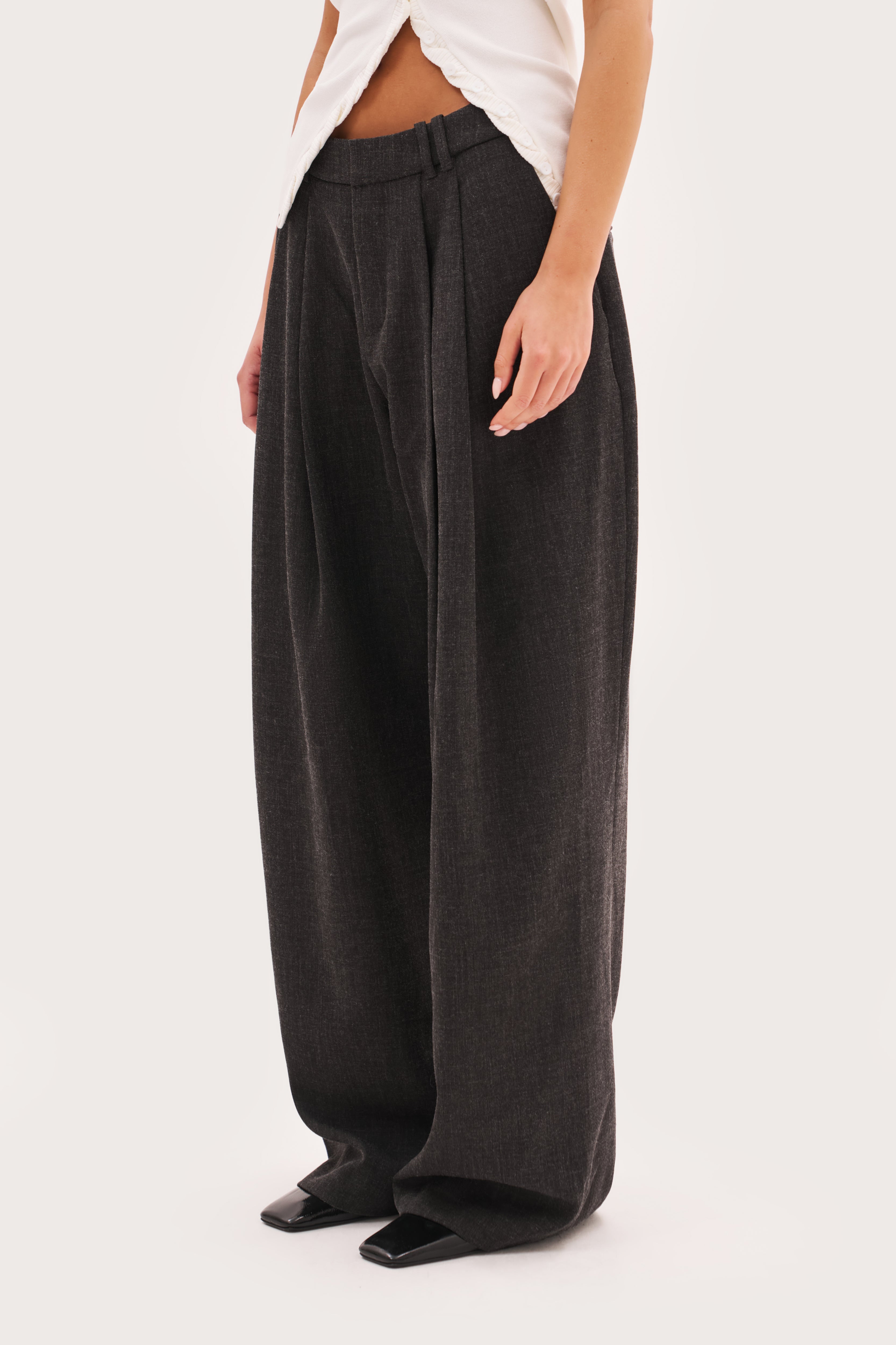 Derby Pleated Wide Leg Trousers - Dark Grey