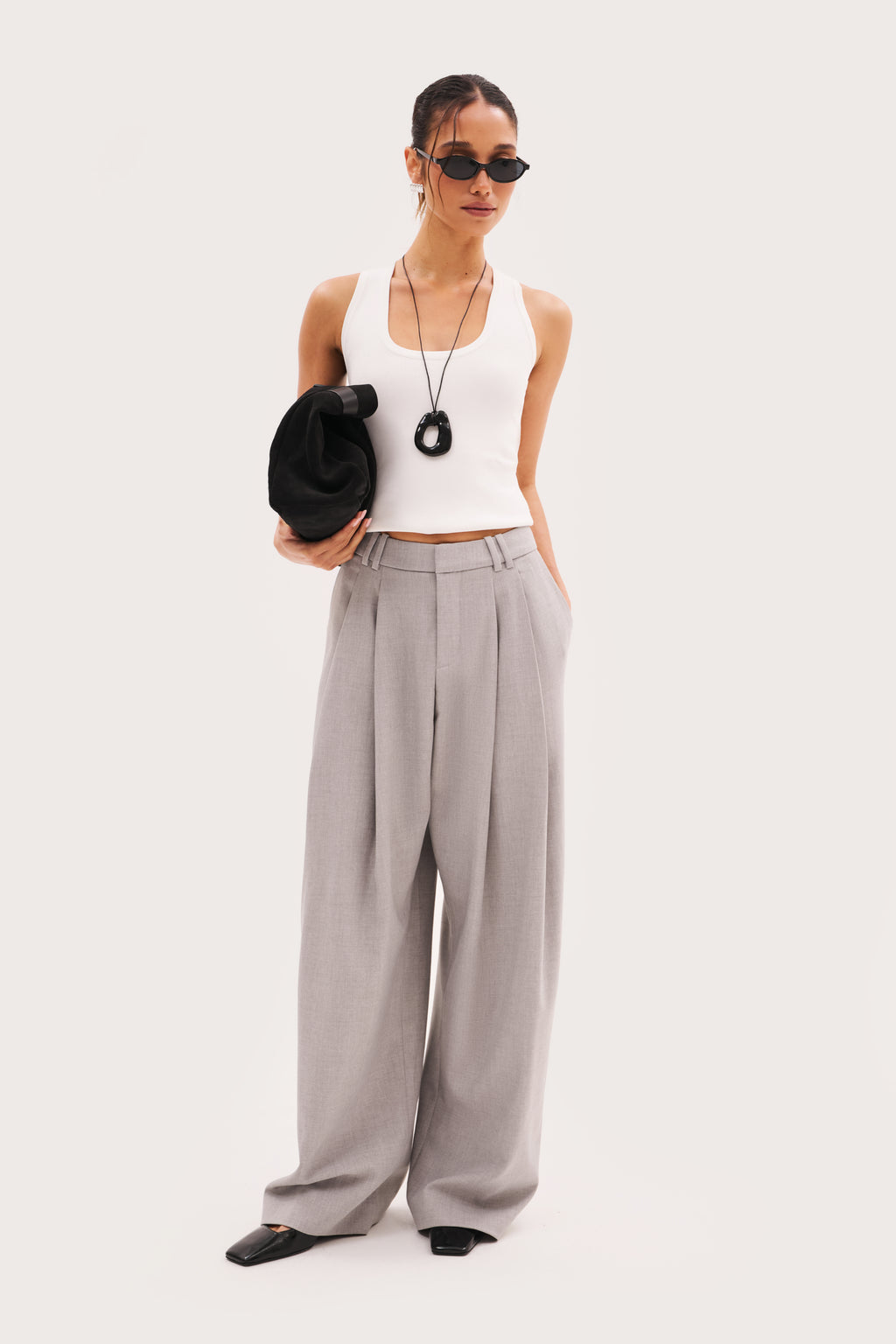 Derby Pleated Wide Leg Trousers - Light Grey