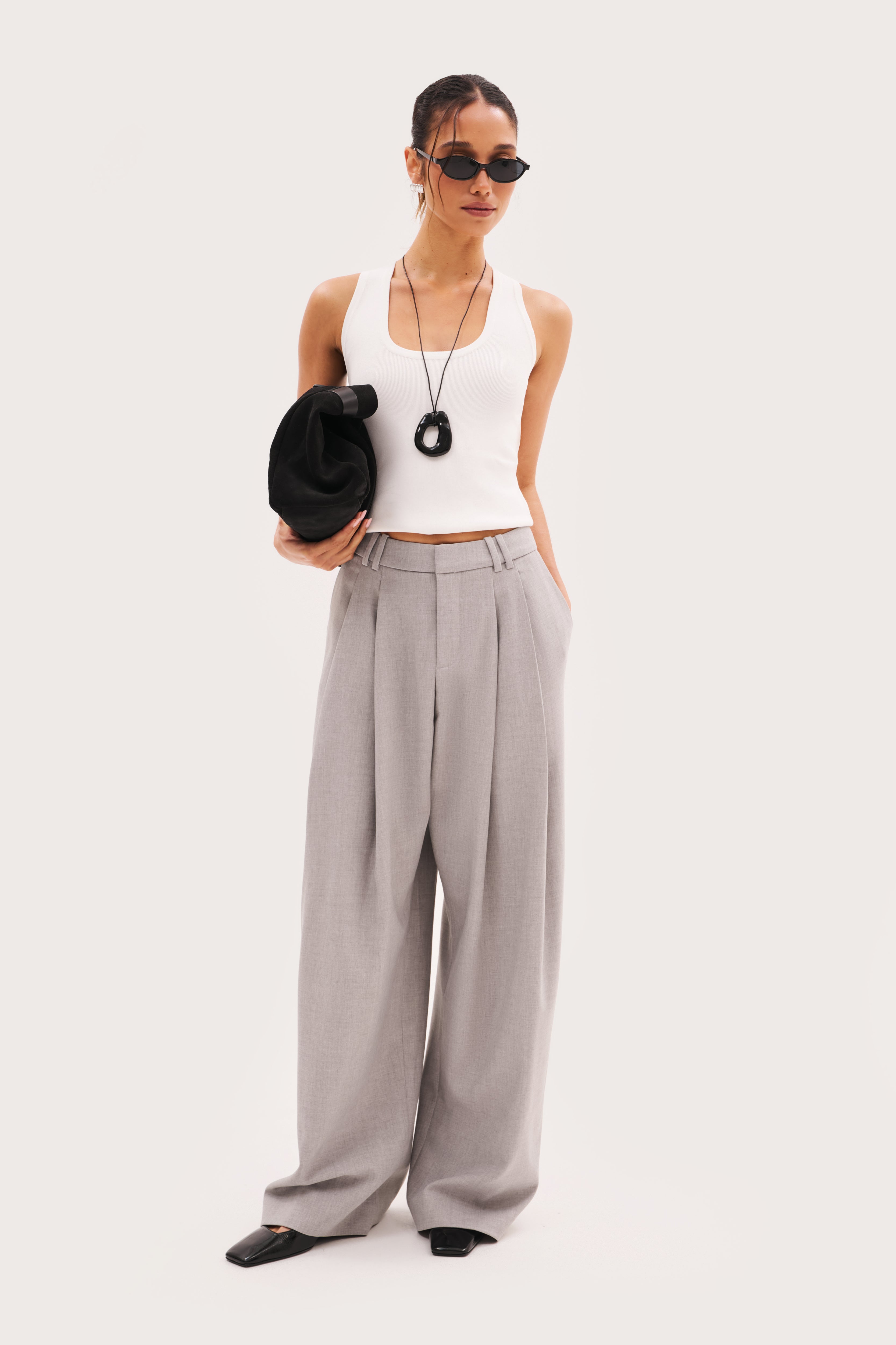 Derby Pleated Wide Leg Trousers - Light Grey